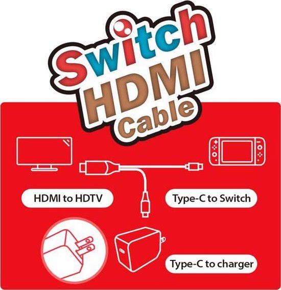 Illustratie van de Brook Switch HDMI-kabel die een tv, Switch en oplader verbindt.