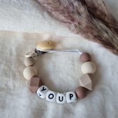 Speenkoord Youp| Speenkoord personaliseren | Speenketting | hout -  crème - hazelnoot  | Speenclip | Tante Mi