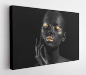 Canvas schilderij - Beautiful woman with black and golden paint on her body against dark background  -     1216197688 - 115*75 Horizontal