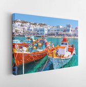 Canvas schilderij - Harbour with wooden fishing boats in Chora town on sunny summer day, Mykonos island, Greece -- Greek landscape  -     1714949482 - 115*75 Horizontal