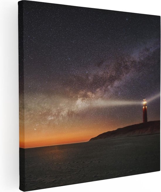 Artaza Canvas Schilderij Vuurtoren Texel in de Nacht  - 70x70 - Foto Op Canvas - Canvas Print