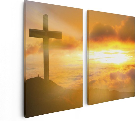 Artaza Canvas Schilderij Tweeluik Kruis van Jezus Christus bij Zonsondergang - 80x60 - Foto Op Canvas - Canvas Print