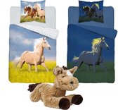 Dekbedovertrek Paard - Glow in the Dark - 1 persoons 140x200 - kussen 70x80 - dekbed bruin paard, incl. zachte paarden knuffel - 32 cm -Bruin