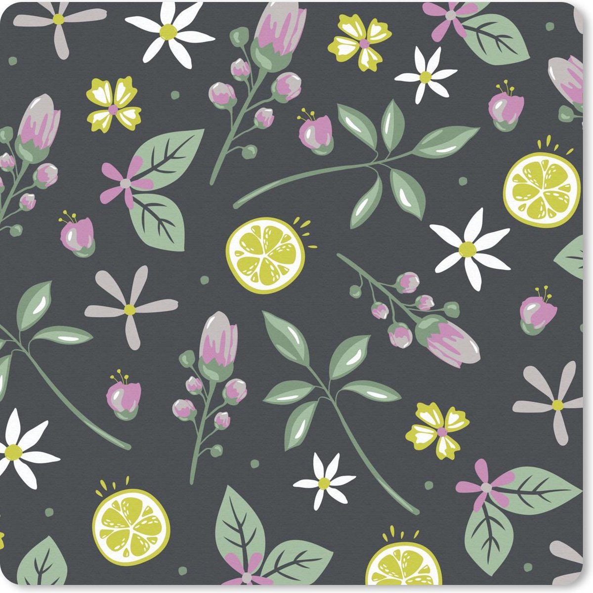Muismat 30x30 cm - Mousepad Zomer - Bloemen - Citrus - Zwart - Muismatten