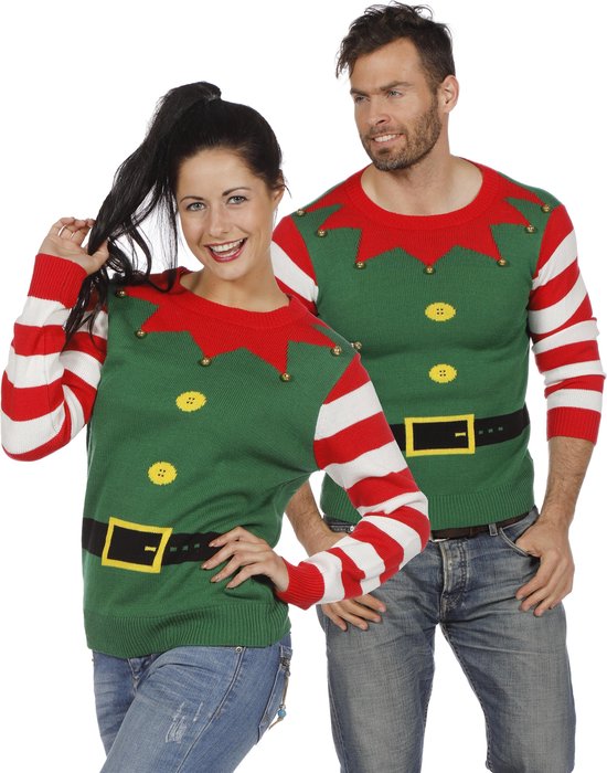Wilbers & Wilbers - Foute Kersttruien - Kersttrui Groen Kerstelf Met Leuke Belletjes - Groen - XL - Kerst - Verkleedkleding