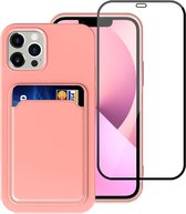 Geschikt voor iPhone 13 Mini Hoesje - Case Roze + Screenprotector - Pasjeshouder - shockproof - Glas - Volledig Dekkend Beschermglas