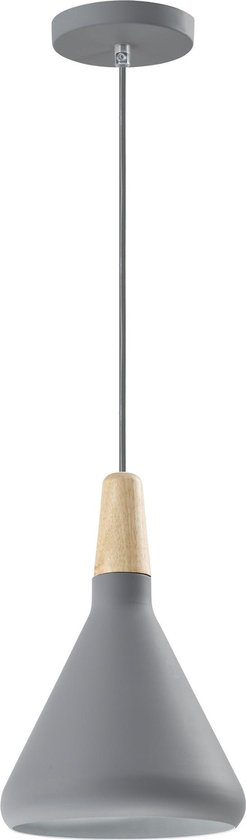Grijze hanglamp met houten accent en schuine kap.