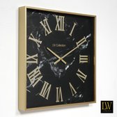 LW Collection wandklok zwart goud 60cm - Grote moderne marmeren glazen klok romeinse cijfers - Vierkante muurklok glas stil uurwerk