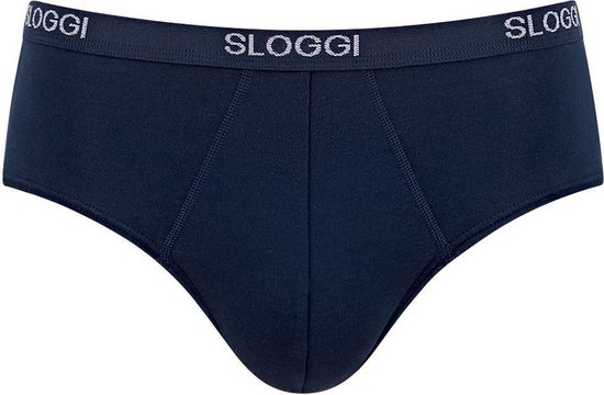 Nachtblauwe Sloggi midi slip met herhaaldelijk het logo 'SLOGGI' op de elastische band.