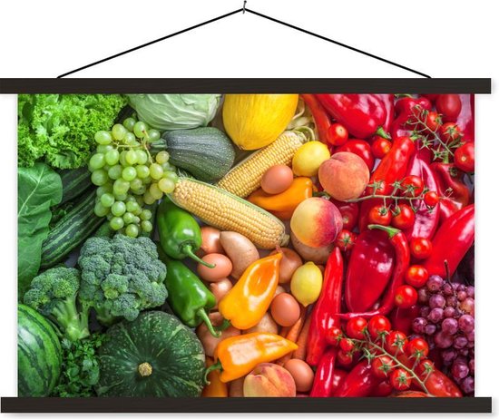 Posterhanger incl. Poster 120x80 cm - Schoolplaat - Fruit - Groente - Regenboog - Textielposter - Zwarte latten
