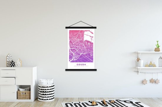 Porte-affiche avec affiche - Affiche scolaire - Plan de la ville - Gouda - Violet - Nederland - 120x180 cm - Lattes noires