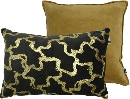 Kussenset van een kussen Fluweel 40x60cm met print in goud metallic en een kussen Fluweel 50x50cm in Golden Brown (2 stuks)