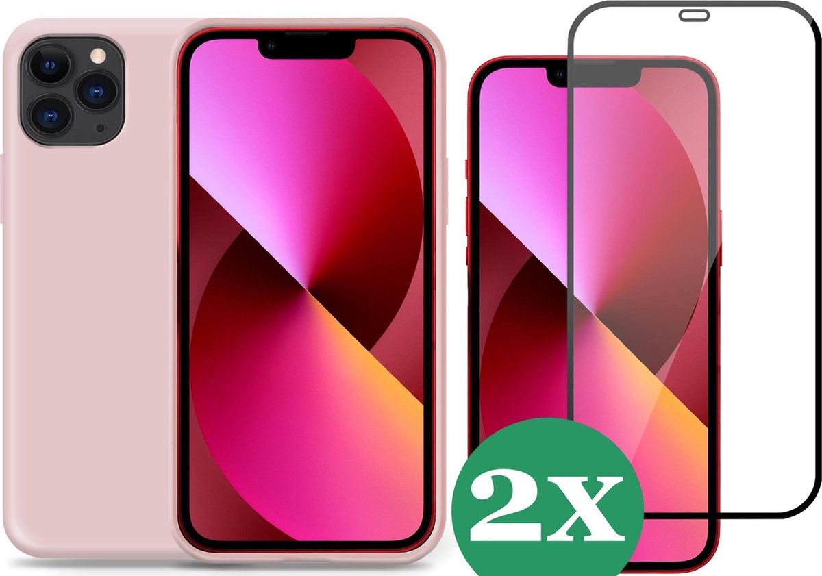 Hoesje geschikt voor iPhone 11 Pro siliconen roze case - 2x Screen Protector Glas