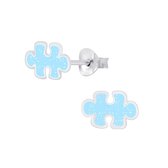 Joy|S - Zilveren puzzel oorbellen - glitter blauw - puzzelstukje oorknoppen