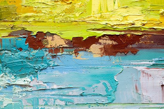 Peinture abstraite avec des coups de pinceau épais dans les tons vert, jaune, bleu et marron.