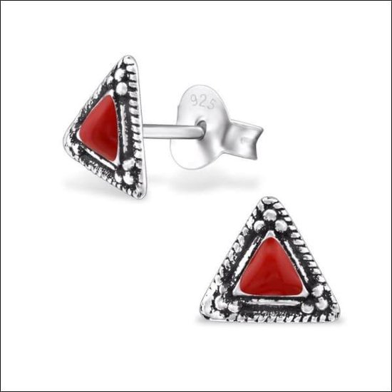 Aramat jewels ® - Etnische zilveren oorbellen driehoek geoxideerd rood 7mm