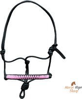 Touwhalster ‘Zigzag’ zwart-babyroze maat Pony |roze, licht, halster, grondwerk, paard, zacht roze