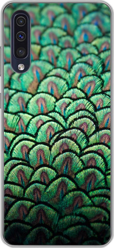 Geschikt voor Samsung Galaxy A50 hoesje - Close-up van de veren van een pauw - Siliconen Telefoonhoesje