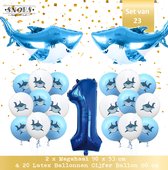 Haai Ballon Mega Set 23 stuks * Cijfer 1 * Nummer 1 * Snoes * 2 x de XL Haai en 20 stuks 30 cm latex ballonnen * Verjaardag Haaien * Kinderfeestje Jongen * Ballon Zee Thema * Maritiem Party * Verjaardags Versiering Vissen * Hoera 1 Jaar