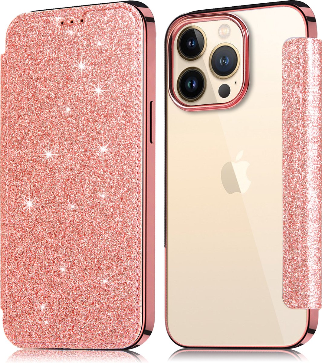 Geschikt voor Apple iPhone 13 Pro Max Flip hoesje - Roze - Folio Glitter
