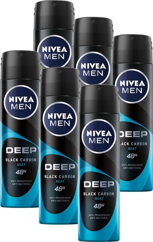 NIVEA MEN Deep Black Carbon Beat Spray - Ant-transpirant - voordeelverpakking 6 x 150 ML