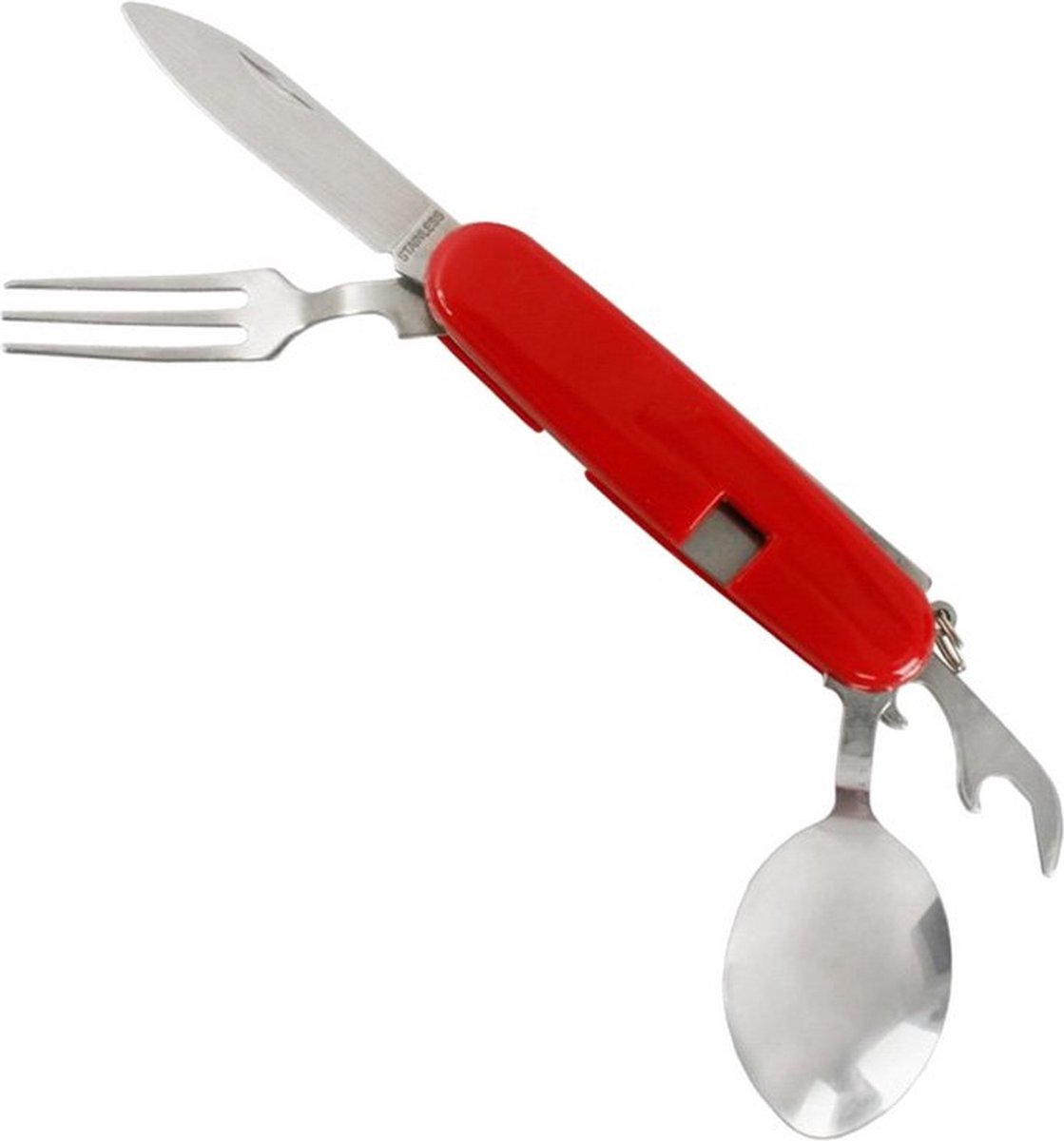 Opvouwbare bestekset, lepel, vork, mes en flesopener