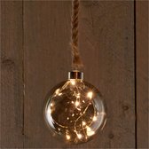 1x stuks verlichte glazen kerstballen aan touw met 8 lampjes antraciet/warm wit 10 cm