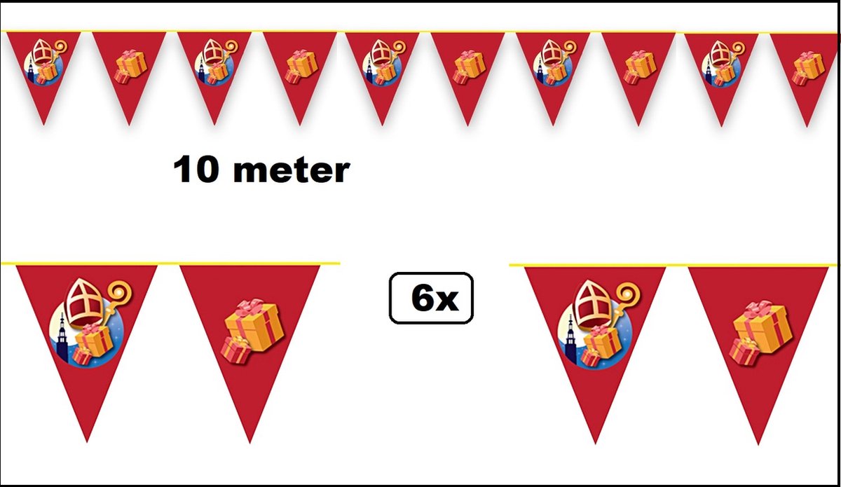 6x Vlaggenlijn Sinterklaas kado 10 meter - Sint en piet Sinterklaas feest 5 december Sint Nicolaas - Rood