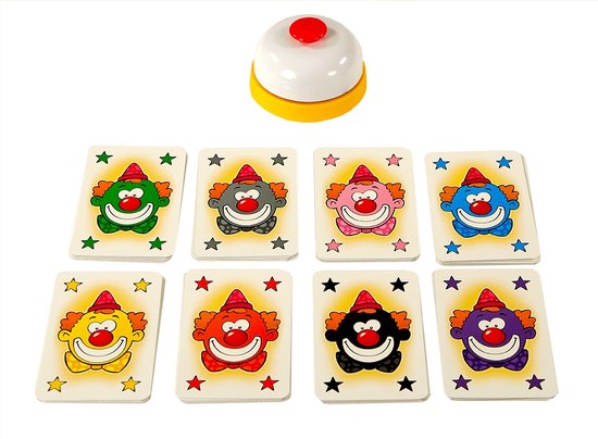 Halli Galli Junior spel met bel en acht clownkaarten.