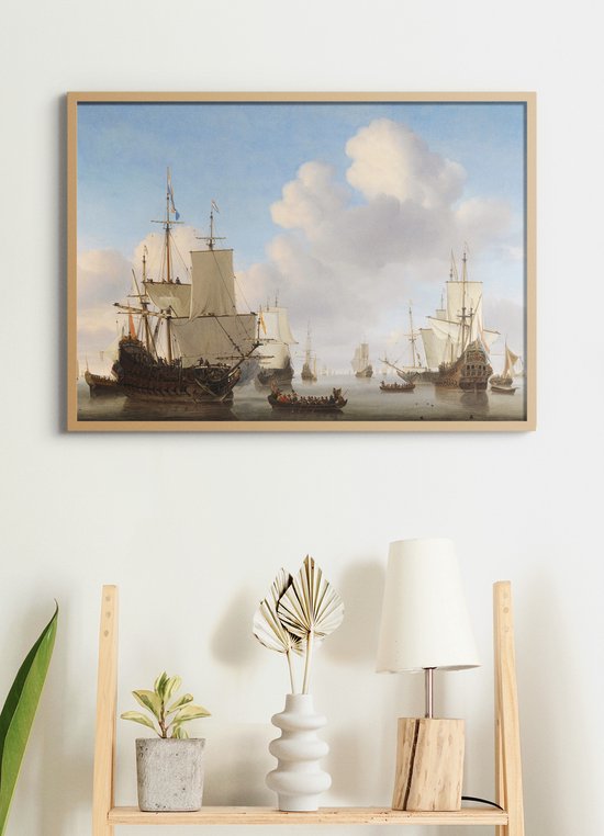 Poster In Houten Lijst - VOC Schepen - Hollandse Schepen op een kalme zee - Gouden Eeuw - Large 50x70 cm