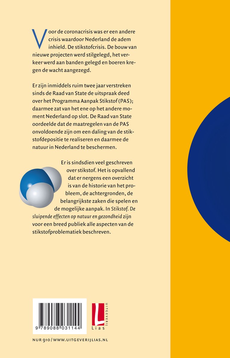 Boekomslag met tekst over stikstofcrisis, een molecuul en ISBN-barcode.