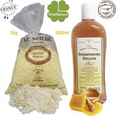 Marseille shampoo & douche gel 1x500ml | Honing geur | Zeepvlokken blank neutraal 1kg | Le Serail