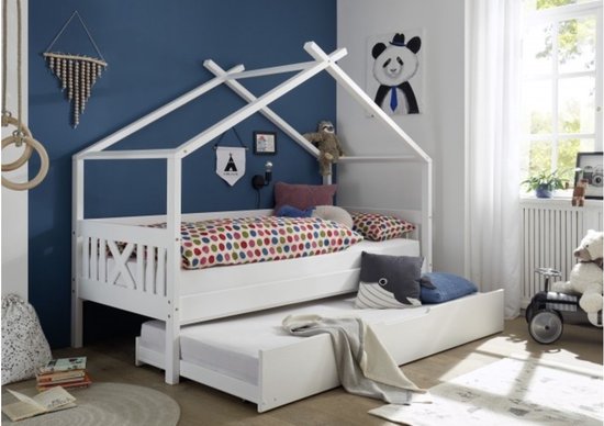Lit d'accueil lit d'enfant 90x200 cm bois de pin blanc avec fond de lit d'appoint