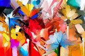 JJ-Art (Aluminium) 90x60 | Bloemen in abstract geschilderde stijl, woonkamer - slaapkamer | rood, geel, blauw, groen, zwart, wit, sfeer, modern | Foto schilderij print op Dibond /