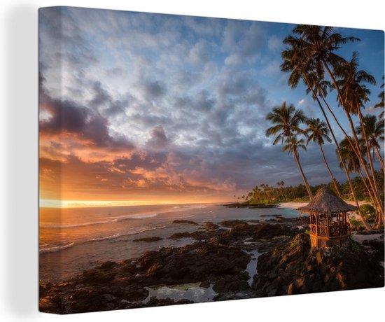 Canvas Schilderijen Zonsondergang - Palmboom - Strand - Wanddecoratie