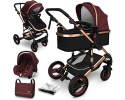 KIDUKU- 3 in 1 combi-kinderwagen- bordeaux- zwart-goud- buggy incl. autostoeltje-regenhoes- inklapbaar