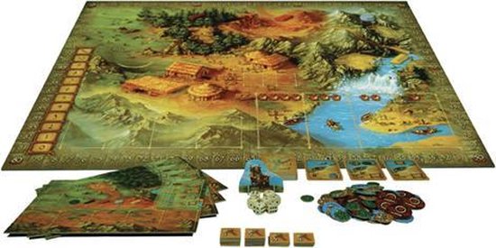 Bordspel met een prehistorisch landschap, dorpjes, rivier, en speelonderdelen.
