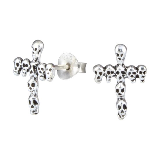Joy|S - Zilveren kruis oorbellen - kruis van doodskopjes - skull - 9 x 12 mm - geoxideerd