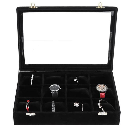 Fliex Bijoux Présentoir Bracelets Boîte à Montre Zwart - Velours - Glas