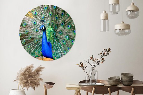 Cercle mural - Cercle mural - Paon - Ressorts - Blauw - Aluminium - Dibond - ⌀ 120 cm - Intérieur et Extérieur XXL