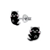 Joy|S - Zilveren kat poes oorbellen - 8 mm - kitten zwart