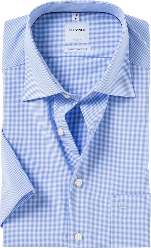 OLYMP Luxor comfort fit overhemd - korte mouw - lichtblauw met wit geruit (contrast) - Strijkvrij - Boordmaat: 44