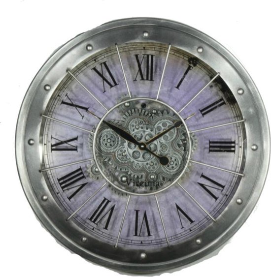 Clock Gear Grey 80 cm diameter - draaiende tandwielen - radar geluidloos - klok - horloge - landelijk - industriestijl - industrieel - cadeau - geschenk - kerst - nieuwjaar - verjaardag - gift -  origineel - interieur -  wand- en muurdecoratie