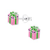 Joy|S - Zilveren cadeau oorbellen - kado oorknoppen - roze met groene strik