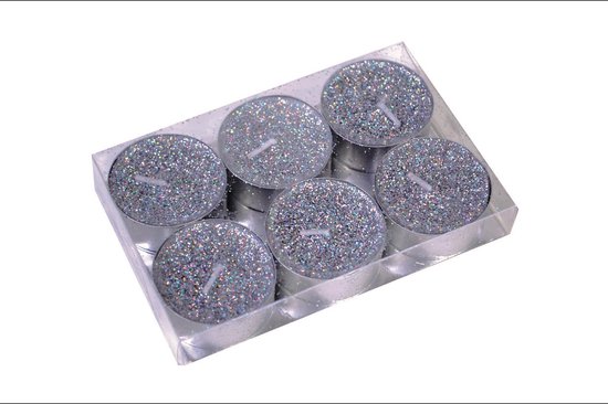 WAXINE T LICHT ZILVER GLITTER KAARS 6 stuks