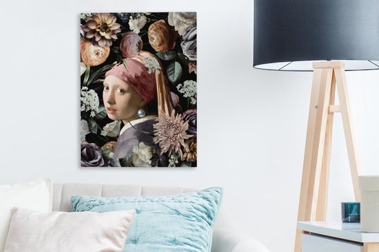 Toile de Oude Meesters - 30 x 40 - Peinture sur toile - Vermeer - Fleurs - Fille avec une boucle d'oreille en perle
