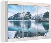 Canvas Schilderij Doorkijk - Bergen - Winter - 90x60 cm - Wanddecoratie
