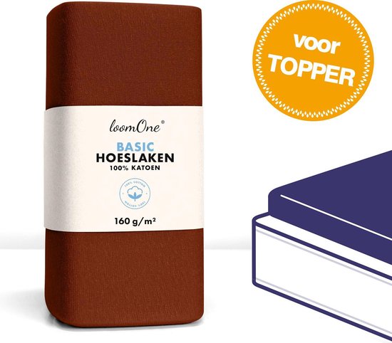 Loom One Hoeslaken Topper – 100% Jersey Katoen – 200x200 cm – tot 10cm matrasdikte– 160 g/m² – Bruin