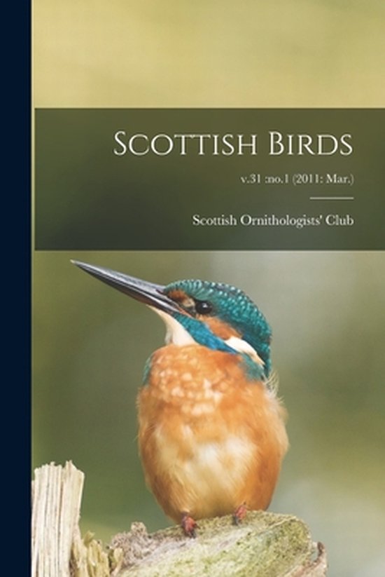 Kleine, kleurrijke ijsvogel met oranje borst en blauwgroene rug, zittend op een tak. Titel: Scottish Birds.