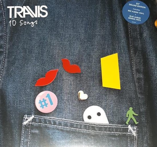 Hoes van een spijkerjack met 'Travis 10 Songs' en diverse patches. De hoes heeft de tekst '2LP DELUXE EDITION INCLUDES RED ALBUM VINYL BLUE ALBUM DEMOS VINYL'.